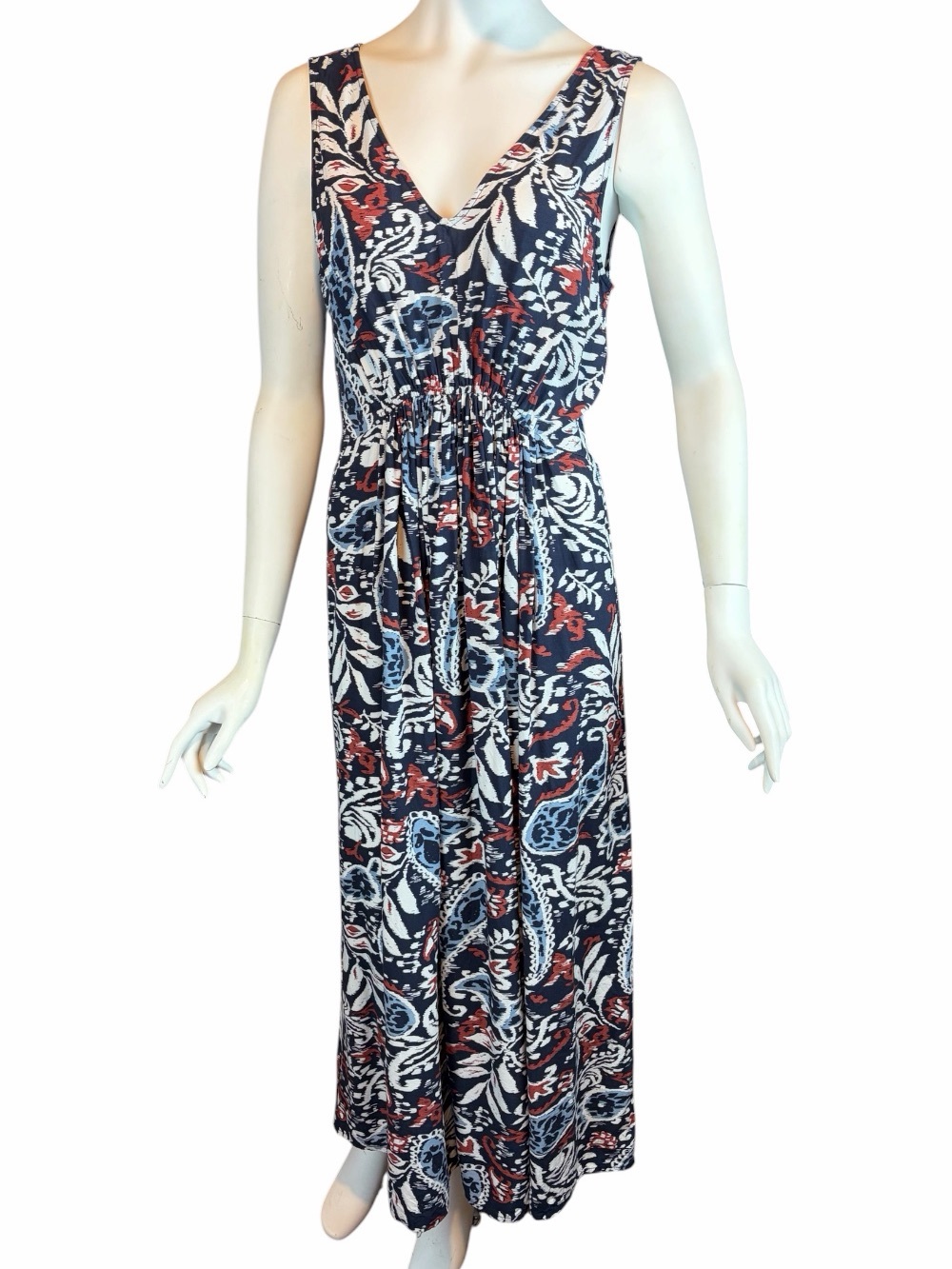 Lucky Brand Maxi Dress Size Med Sleeveless Blue White Batik Floral A-Line FLAW